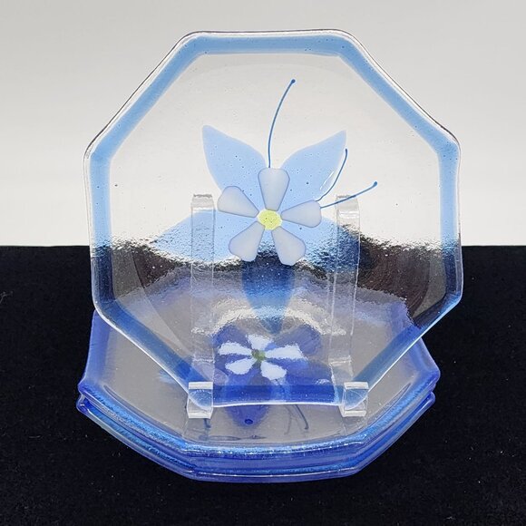 Fused Glass Plates Blue Flowers & Rim Octagon Shaped 8" Diameter Set of 4 VTG - Picture 3 of 10